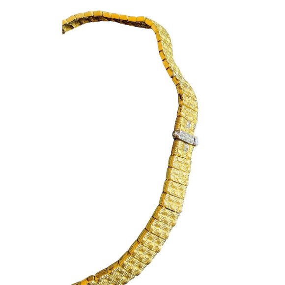 Vintage Designer Quality Textured Gold Plated Pave Rhinestone Hinged Necklace - Picture 7 of 8